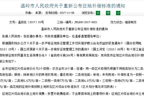 台州温岭市重新公布征地补偿标准:一级别一类